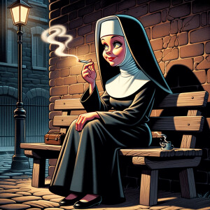 A nun smoking a cigarette