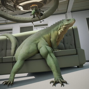 A full-size komodo dragon perched on a couch that's orbiting a p...