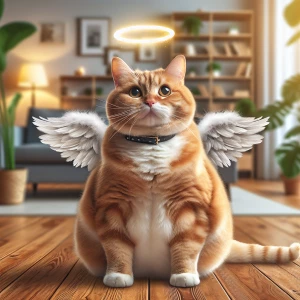 Chonky pure female short tail ginger cat as angel with halo and...