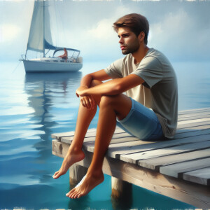 Realistic, oil painting Of a young man Sitting on a dock, Man is...