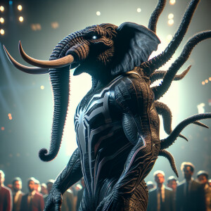 Create an image of an anthropomorphic elephant with a sleek, for...