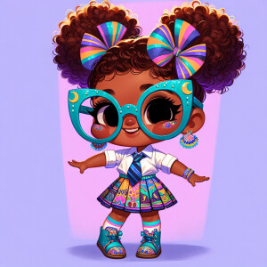 A chibi-style image of an African American 3-year-old girl, stan...