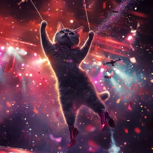 A pop star cat inspired by Taylor Swift, sprinting off stage in...