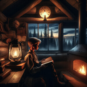 Make a boy sitting in cabin