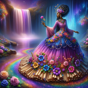 Remix Prompt
S/O Jackie Torres
S/O Panda Locke

create a animated style hyper realistic airbrush whimsical oil painting of a light African American woman wearing a flawless beautiful purple, pink, and gold blossom dress long flowing with colorful flowers and ruffles on the dress colorful jewelry made of flowers she has long black dreadlocks in a bun a colorful rose in her hair her peep toe shoes is matching her dress behind her is a beautiful waterfall liquid glowing lights beautiful colorful rainbow surrounded by beautiful roses.