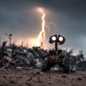 A small black silhouette of a robot that looks like a wall-e get...