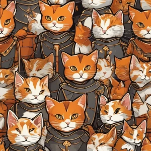 A legion of orange and white cats attired in medieval crusader a...