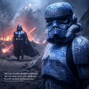 A rebel stormtrooper, distinctly wearing **blue paisley print ar...