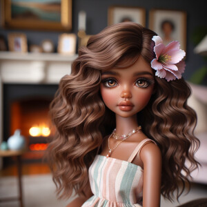 Create an image of a stylized, Latino brown skin doll-like girl seated in a cozy living room with a warm fireplace. She has voluminous, wavy hair cascading over her shoulders, tinted with shades of chestnut and mocha. Her large, expressive eyes are a deep brown, fringed with long, fluttery lashes. A delicate pink flower tucks behind one ear, complementing her youthful glow. She wears a pastel-striped summer dress with soft, flowing fabric that drapes elegantly over her small frame. Around her neck is a dainty necklace adorned with beads and a gentle sprinkle of gemstones reflecting subtle light. In her hand, she holds a pearly seashell as a charming accessory. Behind her, the living room is inviting, with plush furnishings, a mantelpiece adorned with family photos and trinkets, and a crackling fireplace that casts a comforting glow and dancing shadows around the room, enhancing the ambiance of a serene home setting