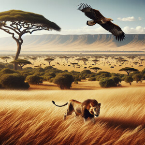 Create an image of a lion stalking through the tall grasses of t...