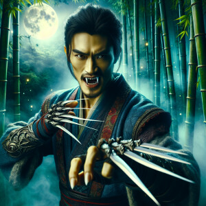 An ancient, wise Asian martial arts master, with sharp vampire f...
