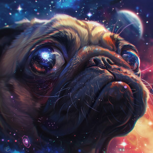 Eye level headshot of an adorable anime pug's face, vibrantly ex...