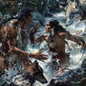 An American Indian couple bravely fending off a pack of wolves