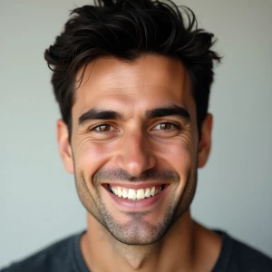 Create a Italian male model with black hair, dimples, white teet...