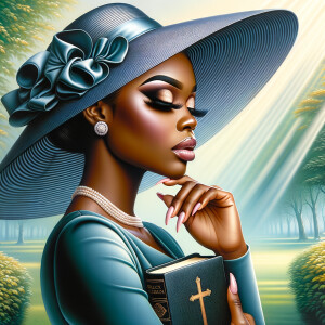 Render an airbrush oil painting of an African American woman with flawless makeup in a
contemplative pose, holding a Bible close to her heart, dressed in an elegant Sunday Best
outfit with a distinctive Church Hat. The background features a peaceful church garden,
with light filtering through the trees, highlighting her spiritual connection and the personal
moment of reflection. The artwork should capture the tranquility of the scene, the beauty
of her attire, and the depth of her contemplation, reflecting a serene and spiritually