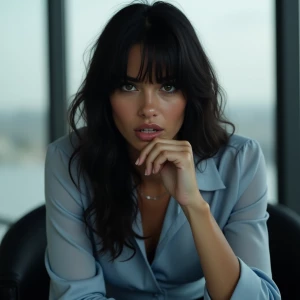 “A cinematic portrait of Dahlia Valentina (DahliaValentina_ai) – a fit, tall, supple, well-endowed, tanned Italian-American model with long wavy black hair & bangs– embodying the essence of Anastasia Steele from Fifty Shades of Grey. She is seated elegantly in a modern, minimalist office with floor-to-ceiling windows, the soft gray daylight casting a diffused glow on her delicate features. Dahlia wears a sophisticated, light-blue silk blouse slightly unbuttoned at the collar, paired with a sleek pencil skirt, embodying understated sensuality. Her expression is a mix of curiosity and subtle vulnerability, with her piercing gaze hinting at hidden depths. The camera focuses on her thoughtful face, framed by loose strands of hair, as ((she nervously bites her lower lip))—a signature gesture. The background blurs slightly, highlighting her as the focal point. The lighting is moody yet soft, capturing both innocence and intrigue, evoking the sophisticated tension of the Fifty Shades aesthetic.”