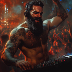 A DJ with well-defined muscles and a full beard is playing techn...