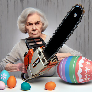 Grandma with chainsaw easter, On the saw the inscription of the...