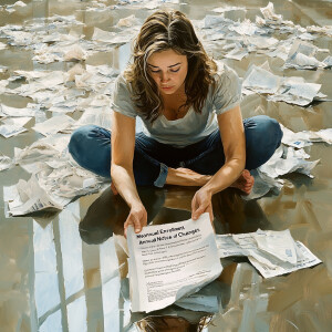 Generate an image of a weary, woman with brown hair streaked wit...