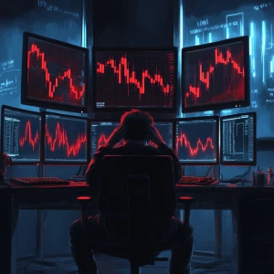 a sad Wojak character sitting in front of multiple monitors with...