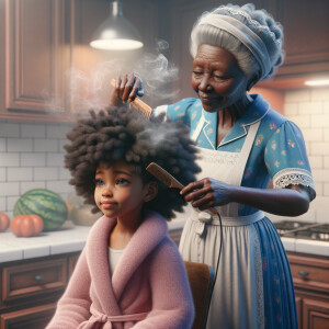 Create a realistic 3-D image of an african-American grandmother wearing a blue house dress and a white apron . She is in the kitchen with her african-American granddaughter. Her granddaughter is wearing a pink bath robe. The grandmother has a hot comb in her hand and she is straightening her granddaughters hair. One side of her granddaughters hair is in  a Afro the other straight 
There is smoke coming from the hot comb
The granddaughter is making a face