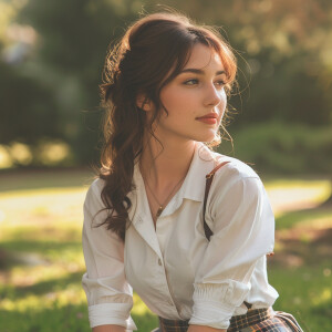Photo of young woman with brunette hair, wearing white shirt and...