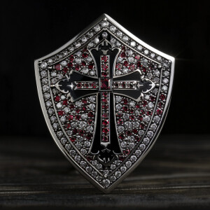 Design a sterling silver shield of faith featuring a prominent c...