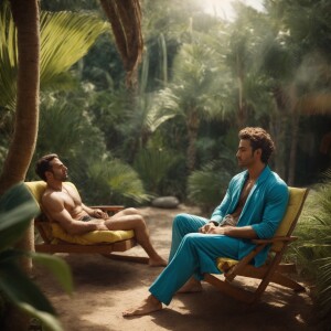 seemingly relaxing outdoors. One man is lying down on a blue sur...