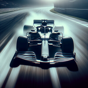 A Formula 1 car soaring inches above the racetrack as it speeds...