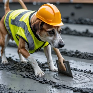 A dog in a construction worker outfit, including a hard hat and...