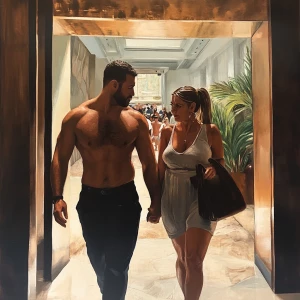 Realism.A man( muscular beefy criminal) walking with a woman(his...
