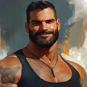 White muscular thin man with beard, big chin, smile and cheekbon...