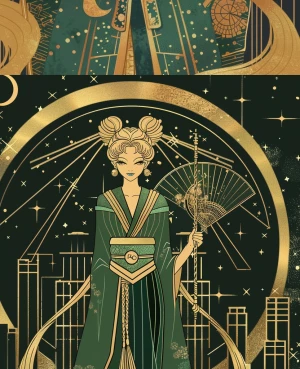 Cinematic portrait of a Sailor Moon–Geisha heroine in a Manga–Ar...
