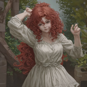 A woman with curly red hair