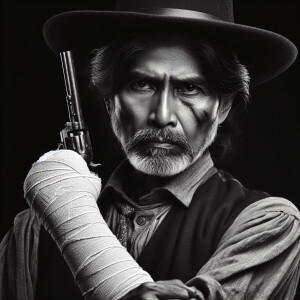 A old west gunslinger with one arm in a cast.