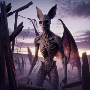 A lone, weathered chupacabra, rendered in ultra-realistic 3D, po...