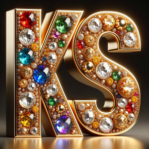 Create a 3-D realistic image with the letters  K.S. in gold raised letters , Add diamonds and colorful jewels