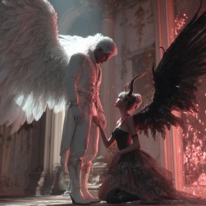 "A glowing male angel with radiant white wings gently lifting a...