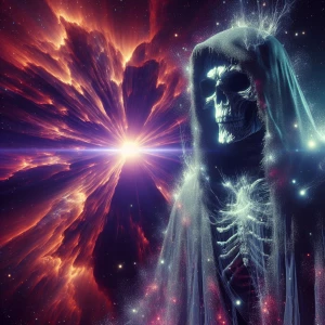 supernova,celestial skeleton wearing a hooded in the style of Ya...