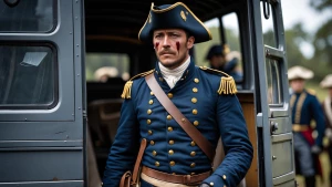 a soldier in the 1800s uniform leaving a grey vehicle, all heale...