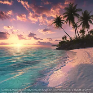 "Create a photorealistic 8K image of a tropical beach at sunset,...