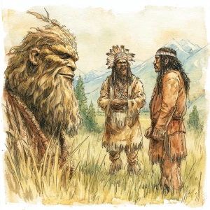 An ancient meeting with humaniod looking sasquatch hair covered...