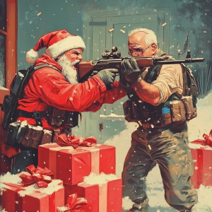 armed fight over christmas presents in carton style