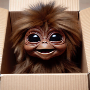 Closeup portrait of Adorable happy baby Chewbacca in a cardboard...