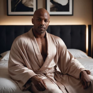 Describe a bald Black man sitting seductively in bed, wearing a...
