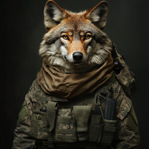 A male, anthromorphic Florida red wolf, wearing military gear