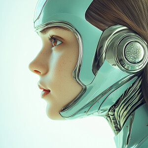 A high-tech robotic female superhero. Her face is round and appe...