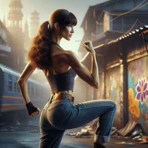 Athletic Thin skinny Attractive, Asian teenage girl, long brown hair and bangs, wearing tight skinny jeans and a halter top paint marks on her clothing, heroic pose Asian graffiti background, backside view