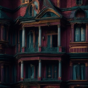 Create a highly detailed depiction of a sinister, haunted mansio...