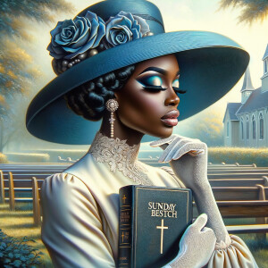 Render an airbrush oil painting of an African American woman with flawless makeup in a
contemplative pose, holding a Bible close to her heart, dressed in an elegant Sunday Best
outfit with a distinctive Church Hat. The background features a peaceful church garden,
with light filtering through the trees, highlighting her spiritual connection and the personal
moment of reflection. The artwork should capture the tranquility of the scene, the beauty
of her attire, and the depth of her contemplation, reflecting a serene and spiritually